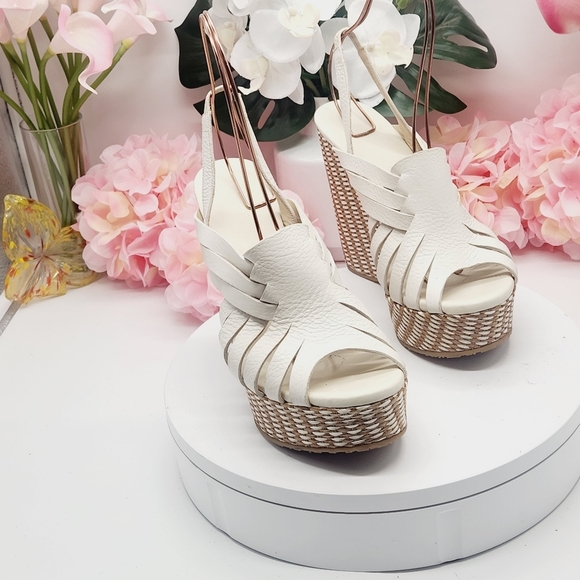 💋NEW💋JIMMY CHOO Perdita Leather Raffia Wedge Sandals - Picture 11 of 14